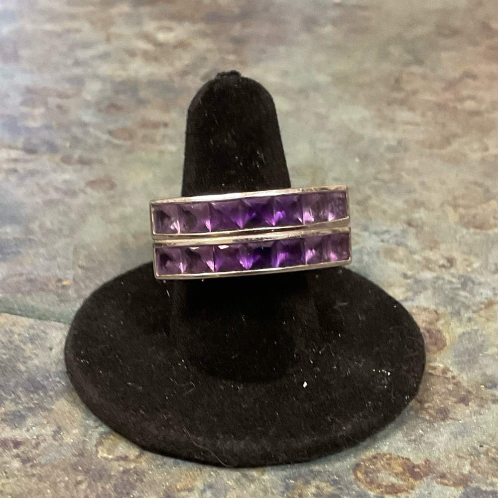 Unique Sterling Silver Amethyst Double-Row Ring with Moveable Setting